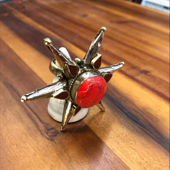 Red Stone Star Ring, Afghan Massive Ring, Handmade Statement Stone Ring, Boho - Picture 12 of 14
